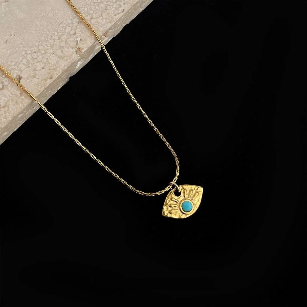 Vintage 18K Gold Plated Stainless Steel Synthetic Turquoise Sun Star Necklace