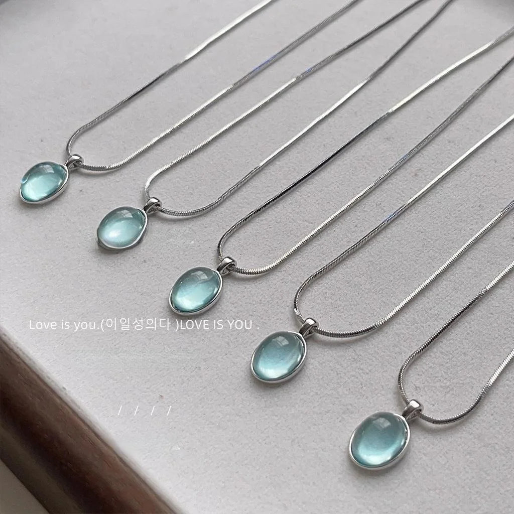 Copper Aquamarine Color Oval Geometric Necklace Elegant Transparent Collarbone Chain