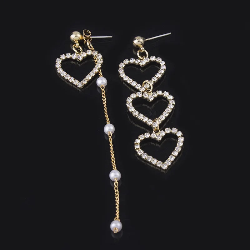 Elegant Alloy Rhinestone Heart Pearl Long Tassel Stud & Clip On No Piercing Asymmetric Drop Earrings