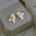Sweet Cute Enamel Painted Bird Stud Earrings, Copper Micro Pave Zircon