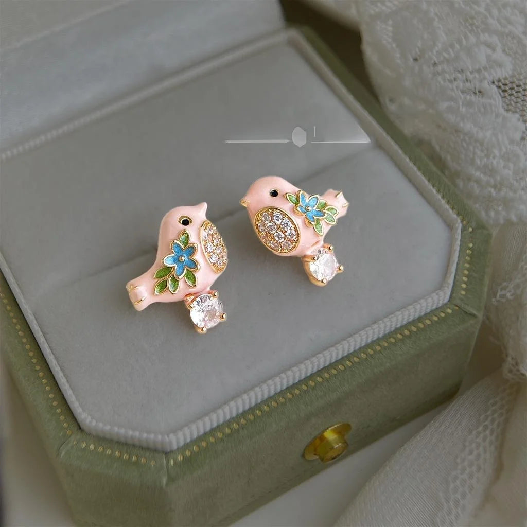 Sweet Cute Enamel Painted Bird Stud Earrings, Copper Micro Pave Zircon