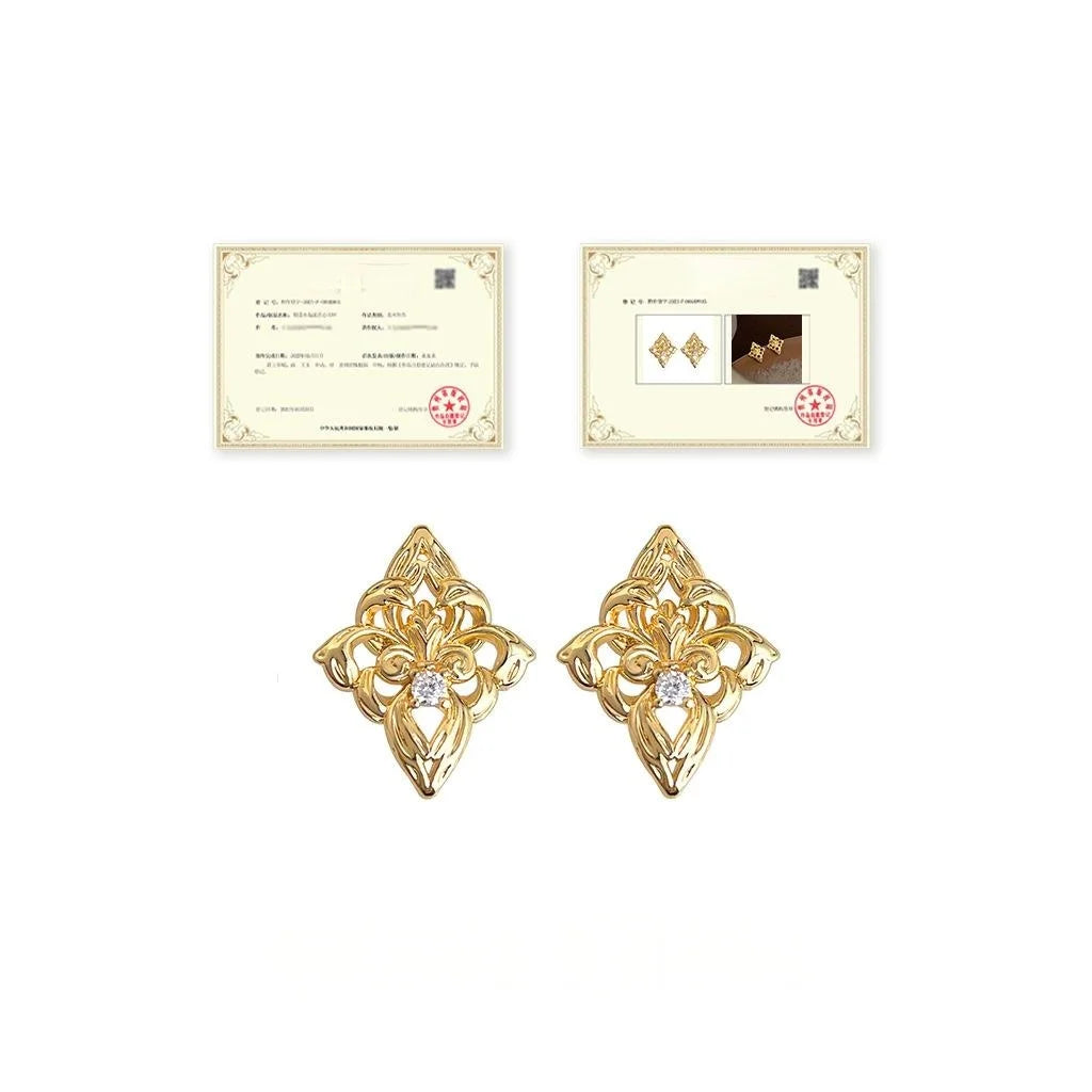 Iris Flower Geometric Zircon Copper 14K Plated Luxury Stud Earrings