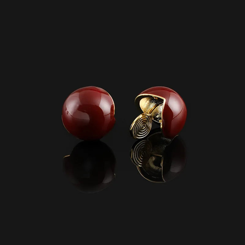 Elegant Vintage Burgundy Enamel Round Ball Alloy Spiral Disc Stud & Clip On No Piercing Earrings