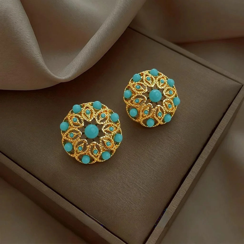 French Vintage Round Geometric Synthetic Turquoise Drop Earrings Heavy Craft Jewelry