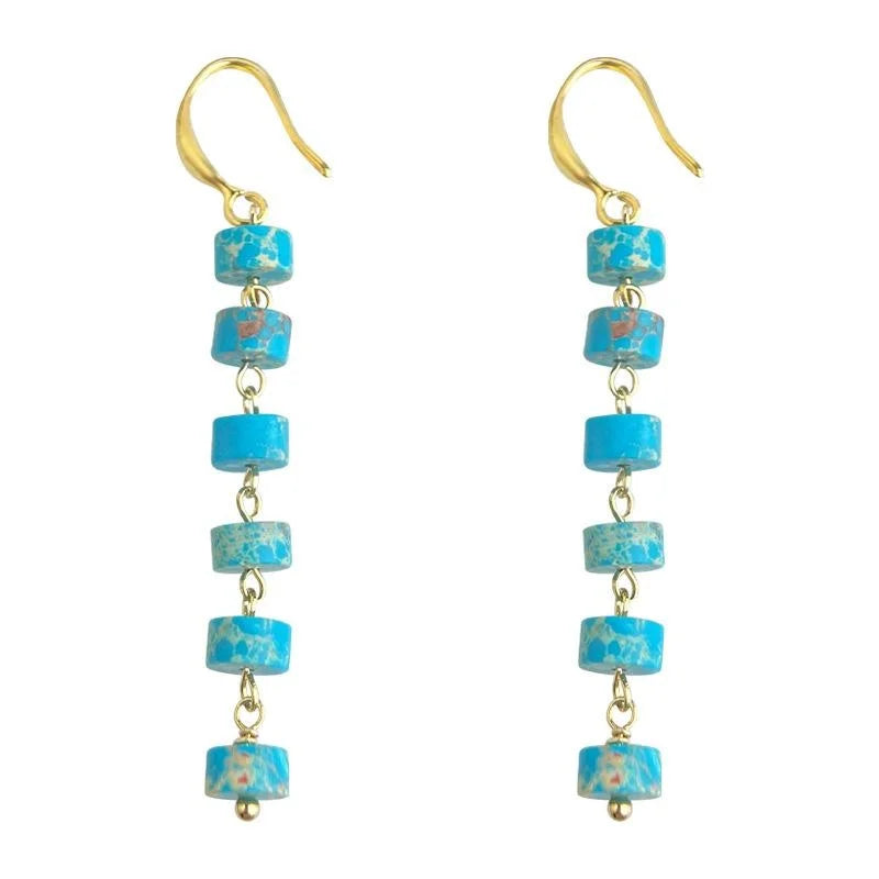 Ethnic New Chinese Natural Stone Geometric Ring Tassel Drop Earrings Handmade Long Dangle Jewelry