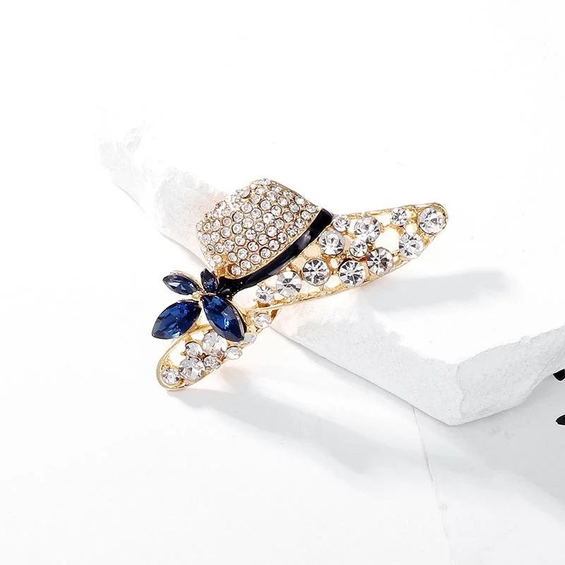 Elegant Rhinestone Wide Brim Hat Brooch With Blue Crystal Flower, Enamel Band Lapel Pin Corsage Gift