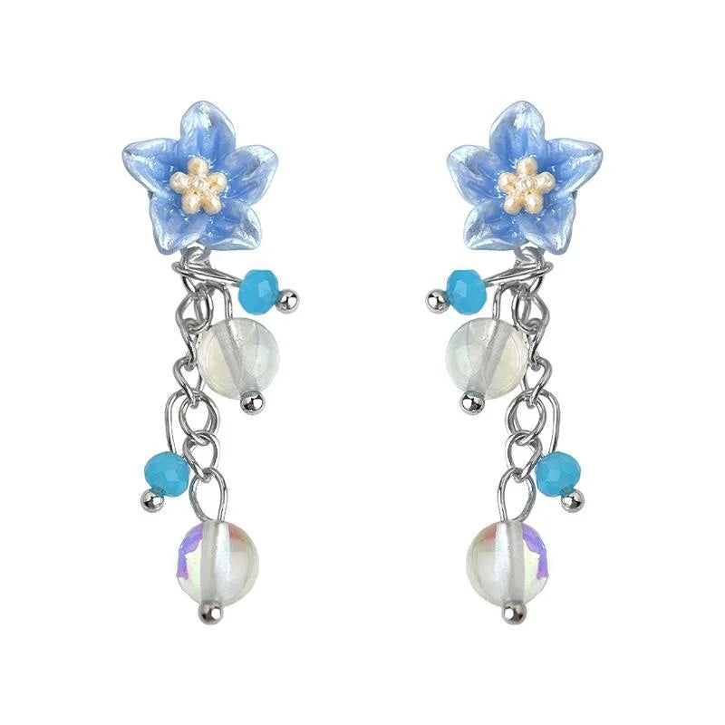 Handmade Blue Flower Glass Crystal Tassel Drop Earrings For Women Fresh Summer Style