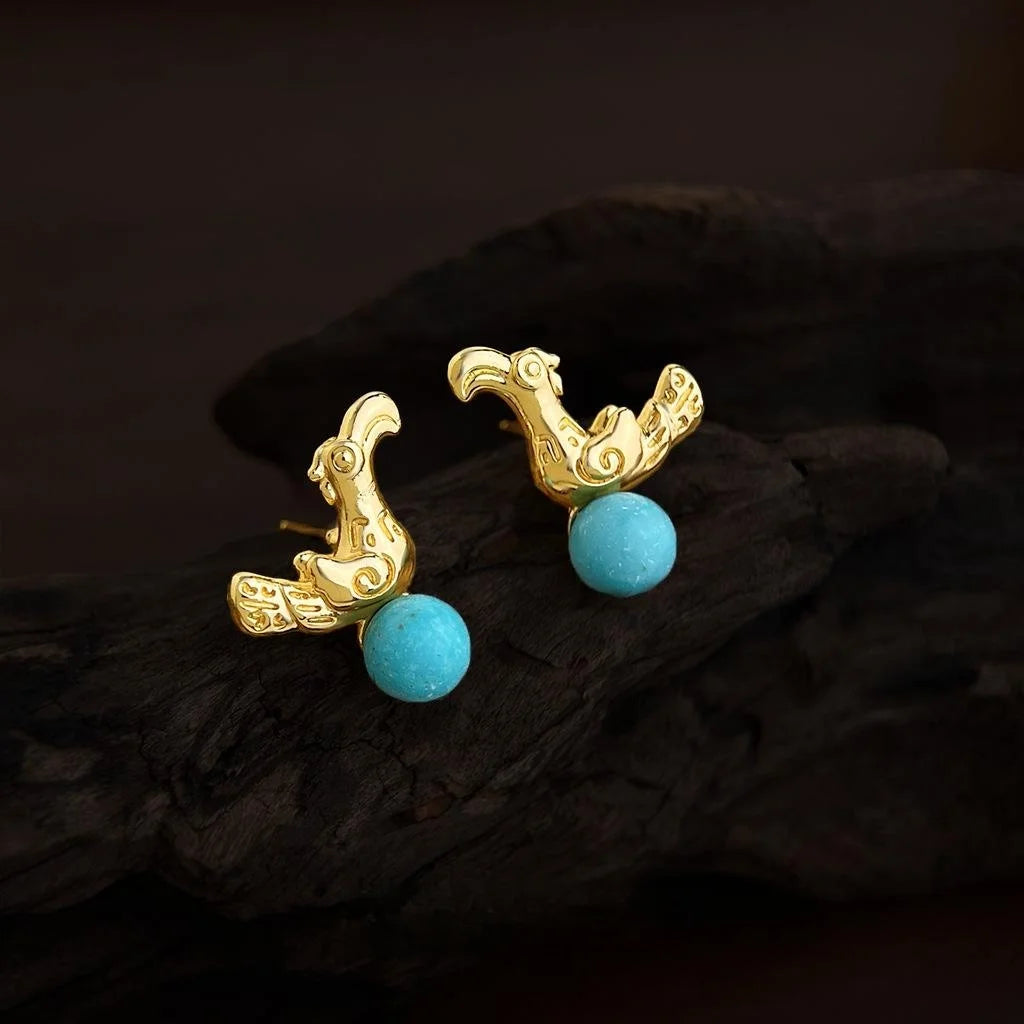 Vintage Bird Geometric Copper Synthetic Turquoise Stud Earrings