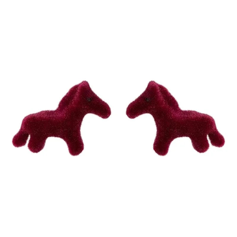 Burgundy Flocked Horse Stud Earrings, Hepburn Style Animal Zodiac Jewelry