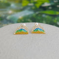 Silver Plated Geometric Pearl Zircon Stud Earrings Hand Painted Enamel Sun Mountain Design