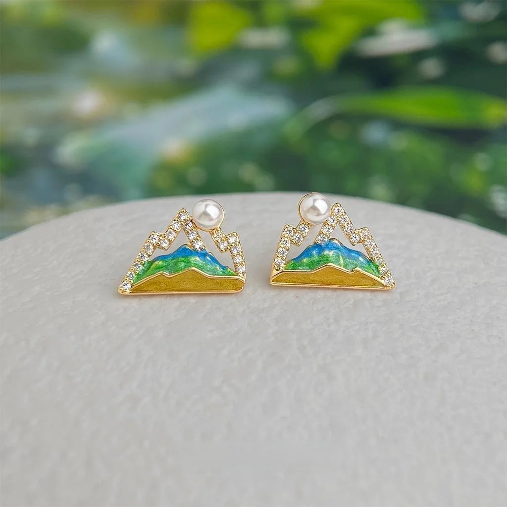 Silver Plated Geometric Pearl Zircon Stud Earrings Hand Painted Enamel Sun Mountain Design