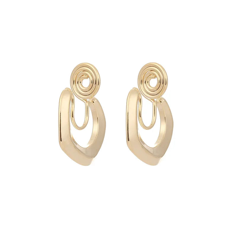 Vintage Gold Alloy Spiral Coil Geometric Hoop Stud & Clip On No Piercing Minimalist U Shape Earrings