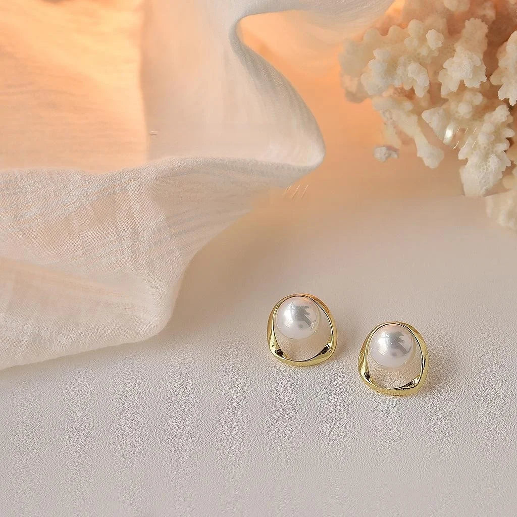 14K Gold Plated Copper 3D Geometric Pearl Stud Earrings For Women Korean Fashion Jewelry