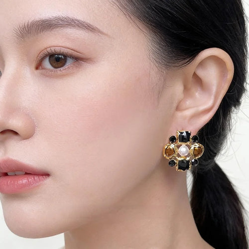 Vintage Maillard Copper Alloy Enamel Glazed Geometric Floral Drop Earrings for Women