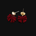 Elegant Red Flocked Bow Gold Heart Alloy Stud & Clip On No Piercing Winter New Year Earrings