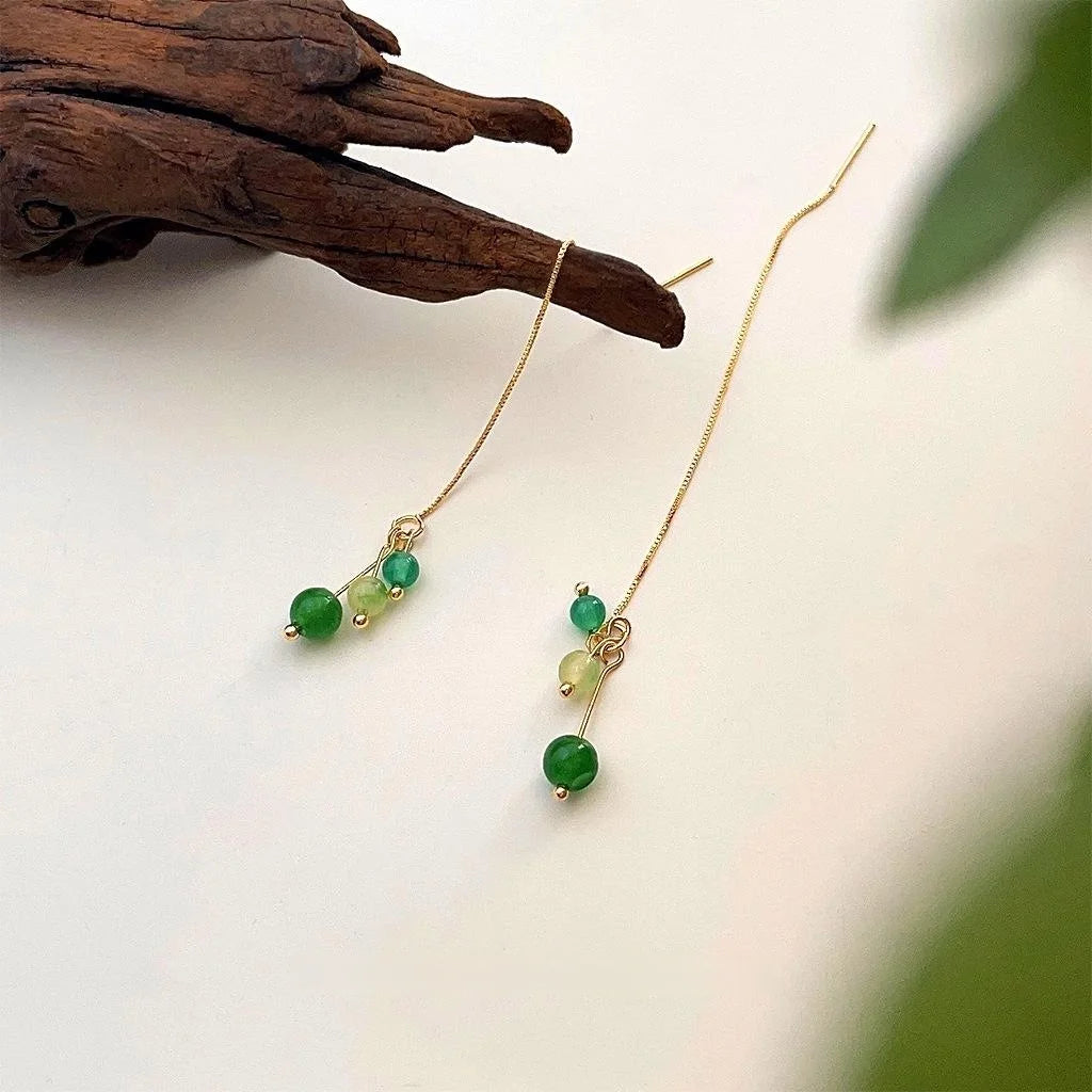 Handmade New Chinese Green Agate Tassel Drop Earrings With Copper