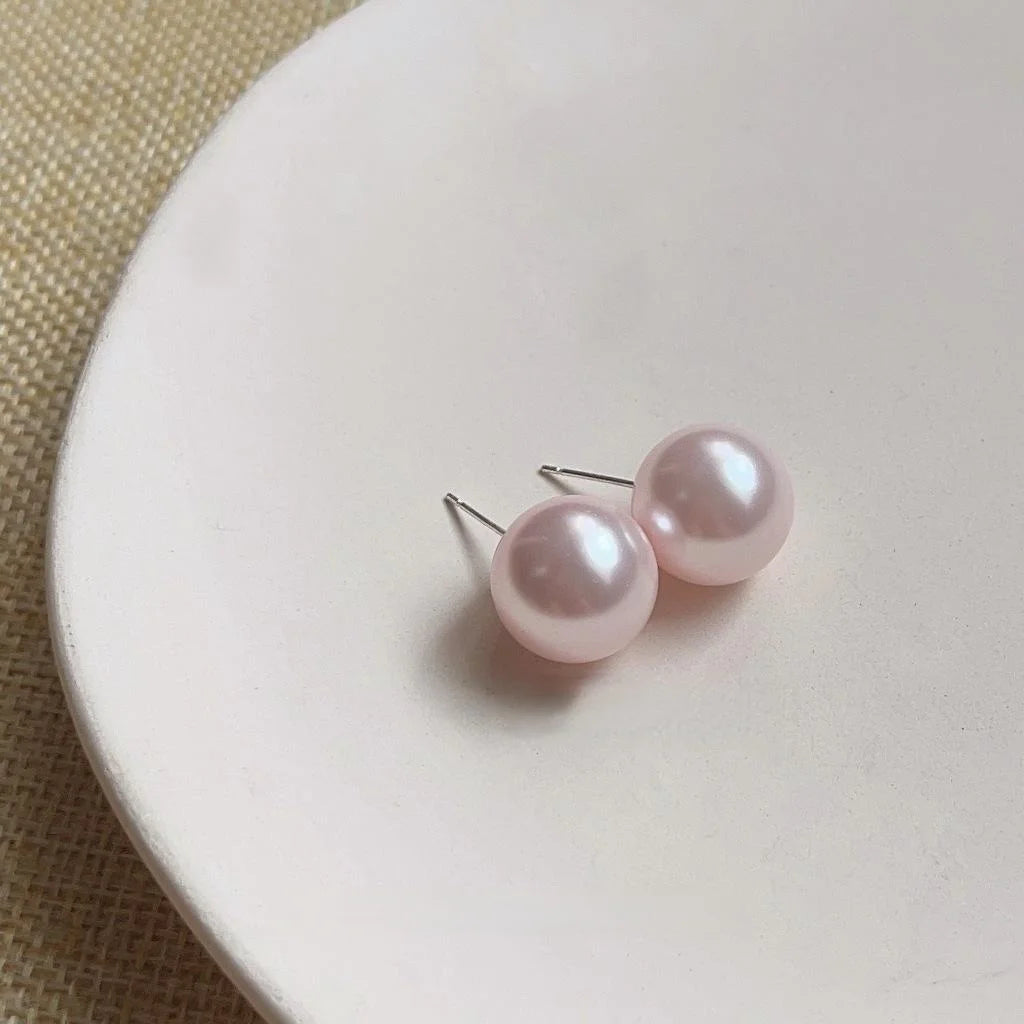 Minimalist Round Glass Pearl Stud Earrings With Silver Plated Pins Light Luxury Jewelry