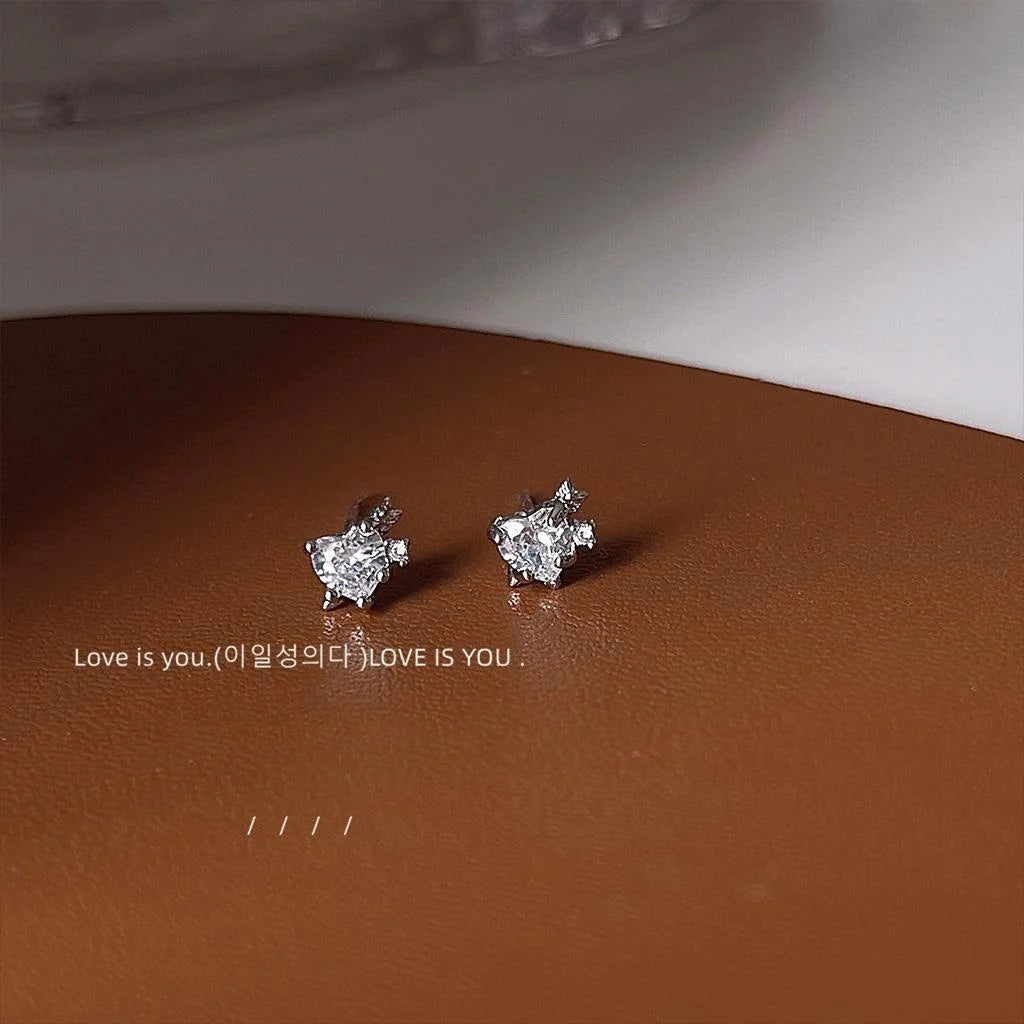 Mini Zircon Arrow Through Heart Copper Stud Earrings, Silver Plated Style Daily Jewelry