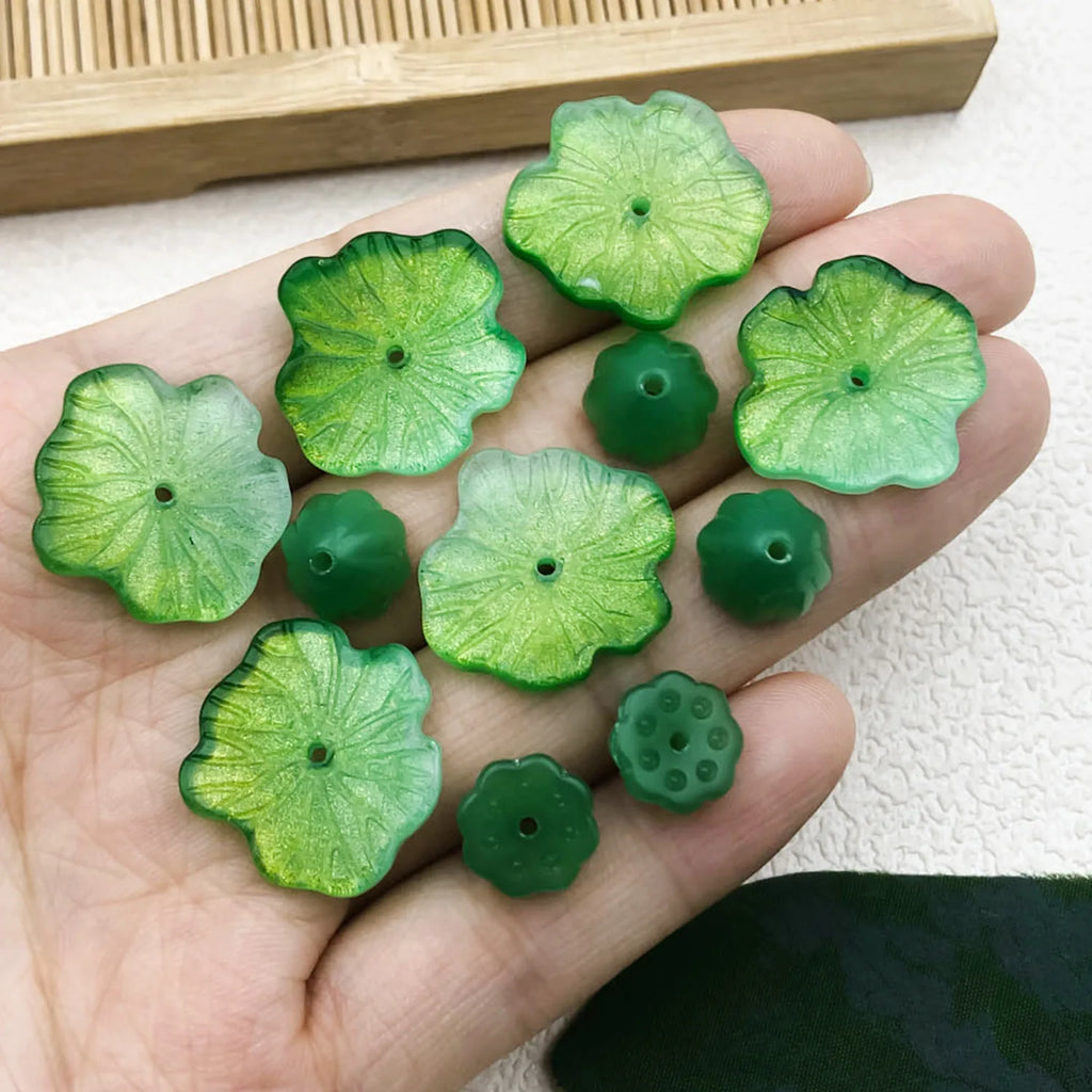 Glass 3D Lotus Leaf Lotus Seed Pierced Bead Charm Pendant for DIY Hair Stick Jewelry