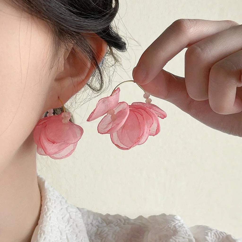 Sweet Summer Handmade Lace Fabric Flower Stud Earrings Elegant Vacation Style Jewelry