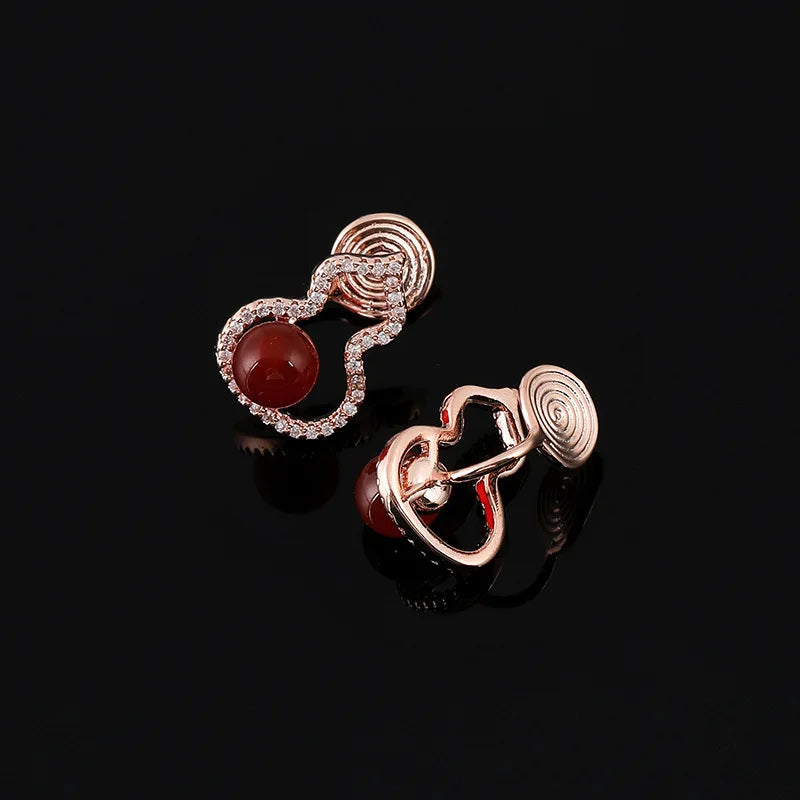 Luxury Red Agate Gourd Shape Zircon Alloy Stud & Clip On No Piercing Women's Earrings