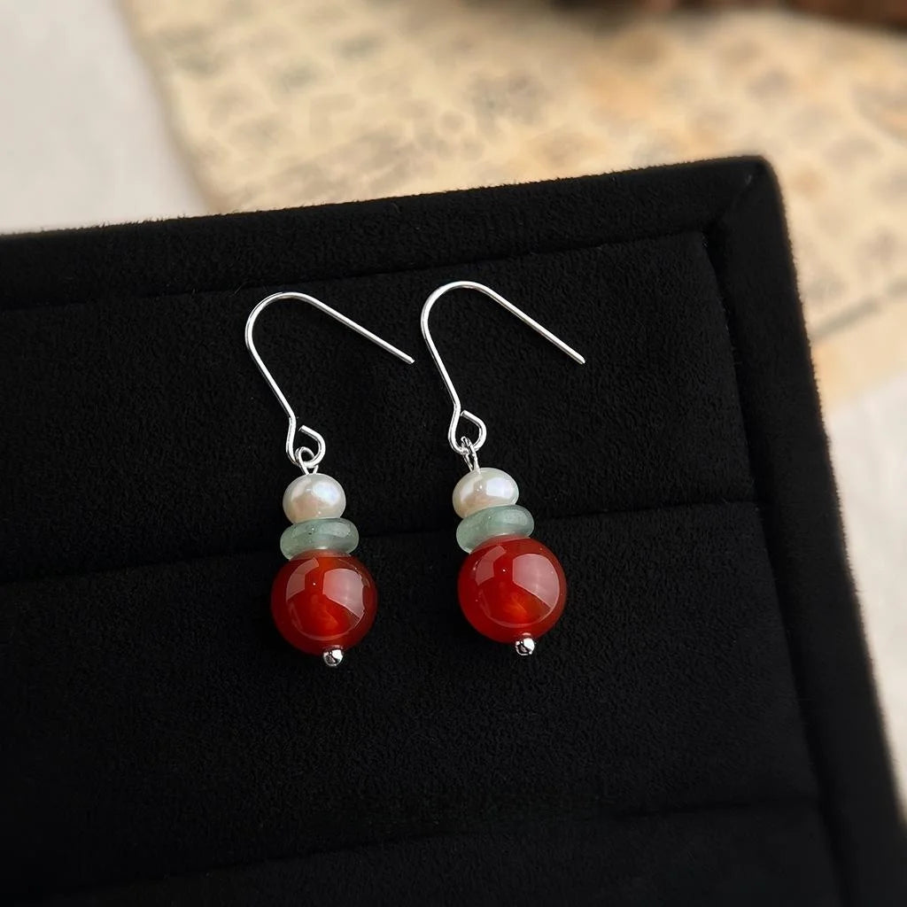 Vintage Palace Style Freshwater Pearl Red Agate Aventurine Geometric Round Drop Earrings