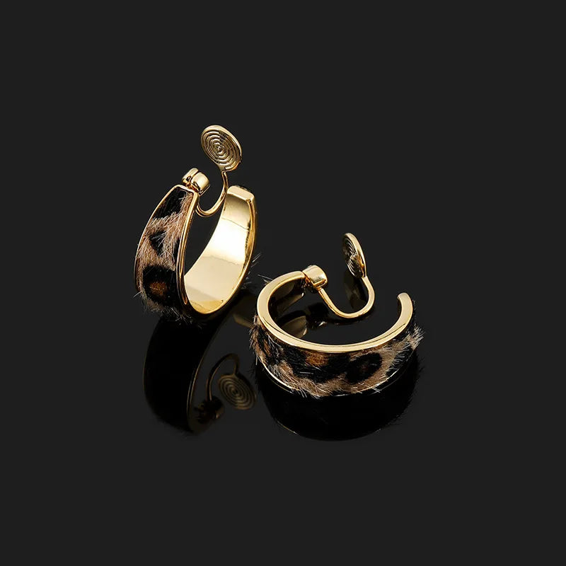 Vintage Gold Alloy Leopard Print Faux Fur C Hoop Stud & Clip On No Piercing Statement Earrings