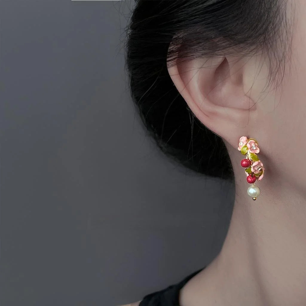 Original Design Floral Enamel Painted Copper Freshwater Pearl Pastoral Drop Earrings for Women