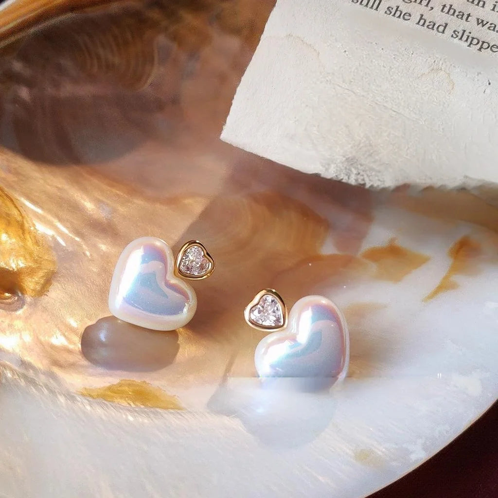 Korean Japanese Sweet Heart Zircon 14K Plated Copper Stud Earrings