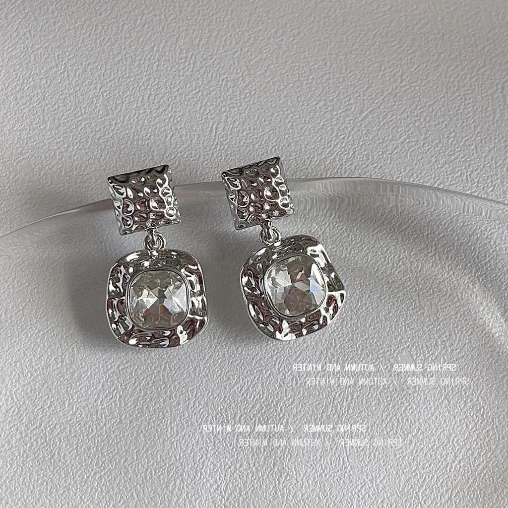 Silver Plated Metal Square Geometric Drop Earrings Minimalist Commuter Style Jewelry for Women