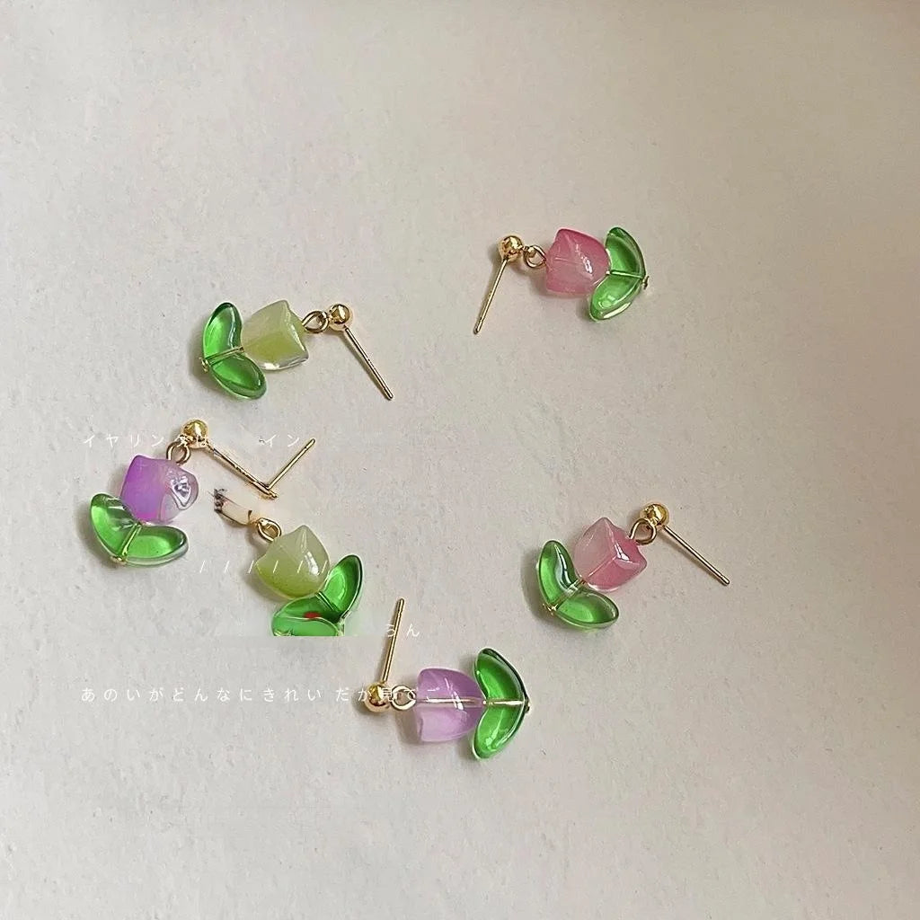 Fresh Forest Style Handmade Glass Glaze Tulip Stud Earrings With Silver Plated Pins
