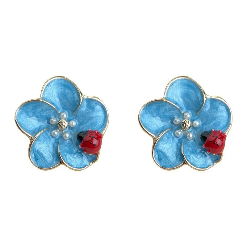 Handmade Enamel Ladybug Flower Drop Earrings Copper Fresh Sweet Floral Jewelry