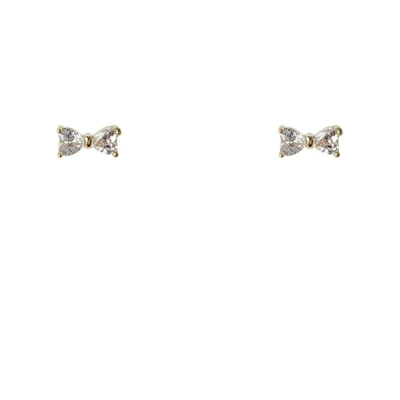 Cute 14K Plated Copper Micro Pave Zircon Bow Stud Earrings Korean Japanese Style