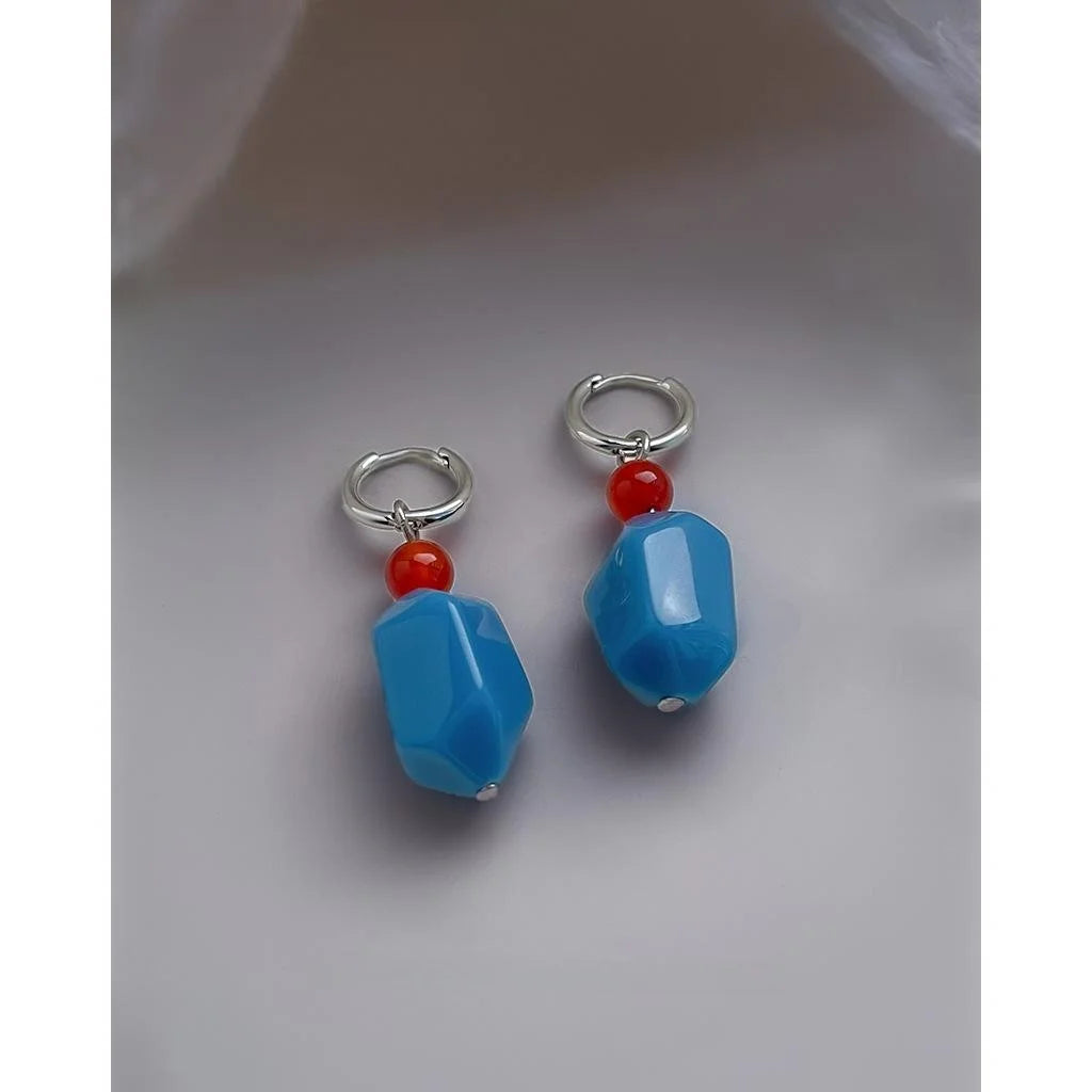Haze Blue Copper Red Agate Geometric Round Palace Style Drop Earrings for Women