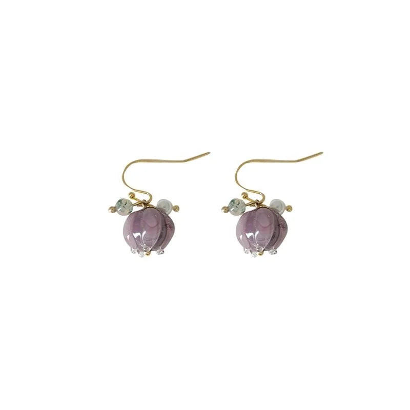 Handmade Lotus Glass Drop Earrings Copper Water Lily Floral Niche Design Jewelry