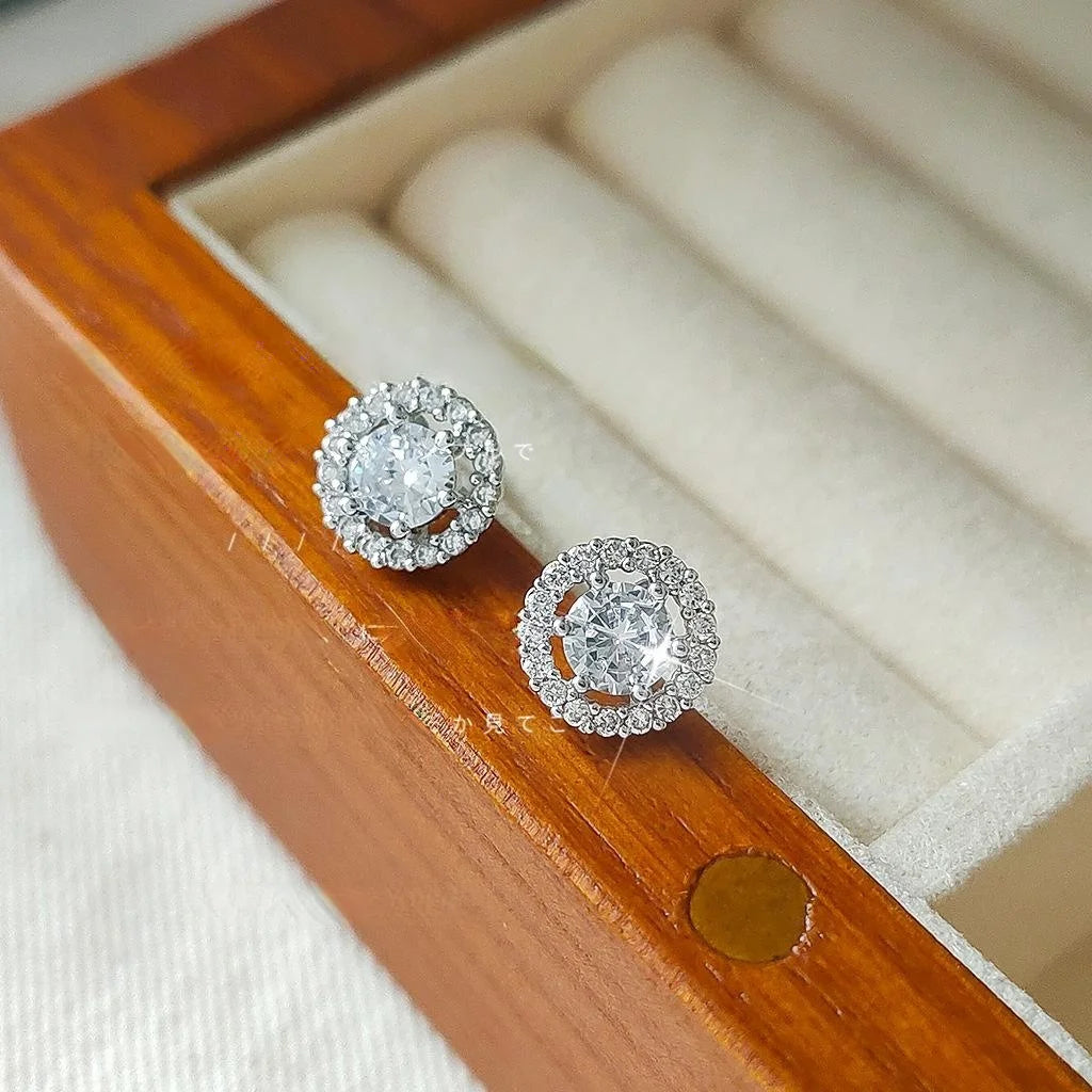 Mini Micro Pave Zircon Round Geometric Copper Stud Earrings With Silver Plated Pins