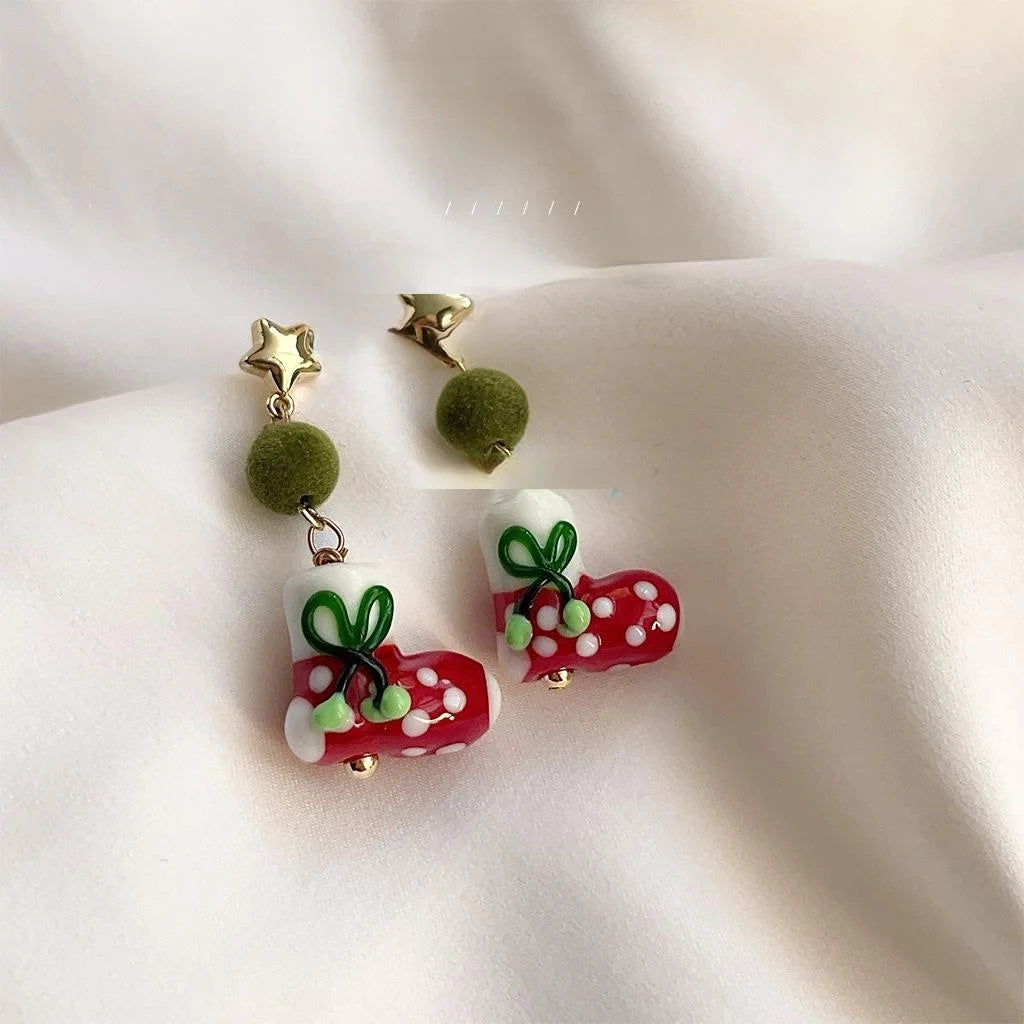 Original Design Handmade Christmas Glass Glaze Copper Stocking Drop Earrings