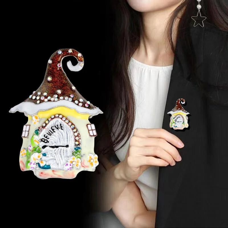 Cute Christmas Fairy House Enamel Rhinestone Brooch, Glitter Roof Lapel Pin Corsage Holiday Gift