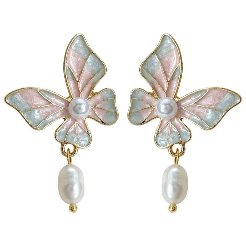 Elegant Forest Style 14K Gold Plated Butterfly Enamel Freshwater Pearl Drop Earrings