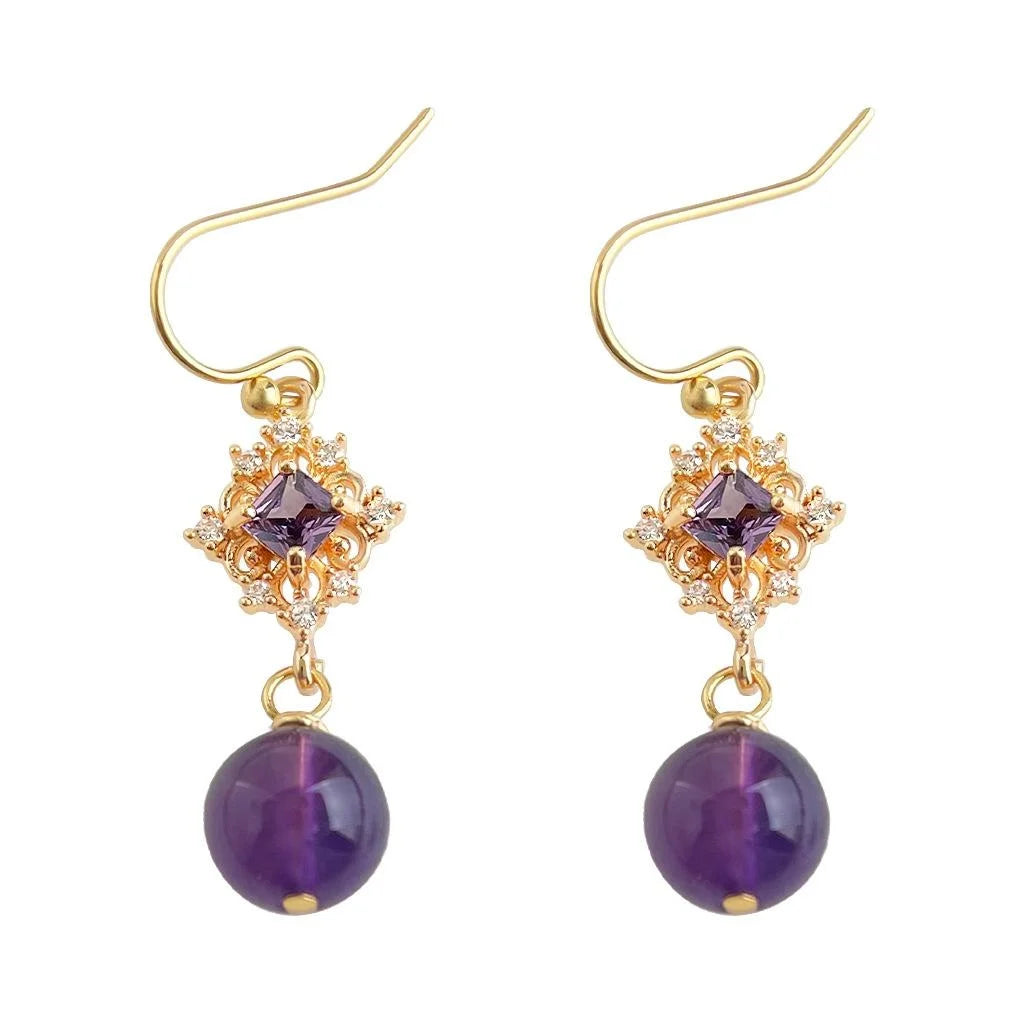 Handmade Copper Lavender Amethyst Zircon Floral Geometric Tassel Drop Earrings Court Style