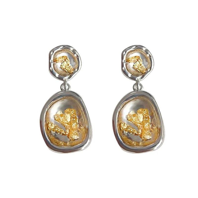 Designer Geometric Gold Foil Texture Handmade Copper Drop Earrings French Vintage Irregular Minimalist Style