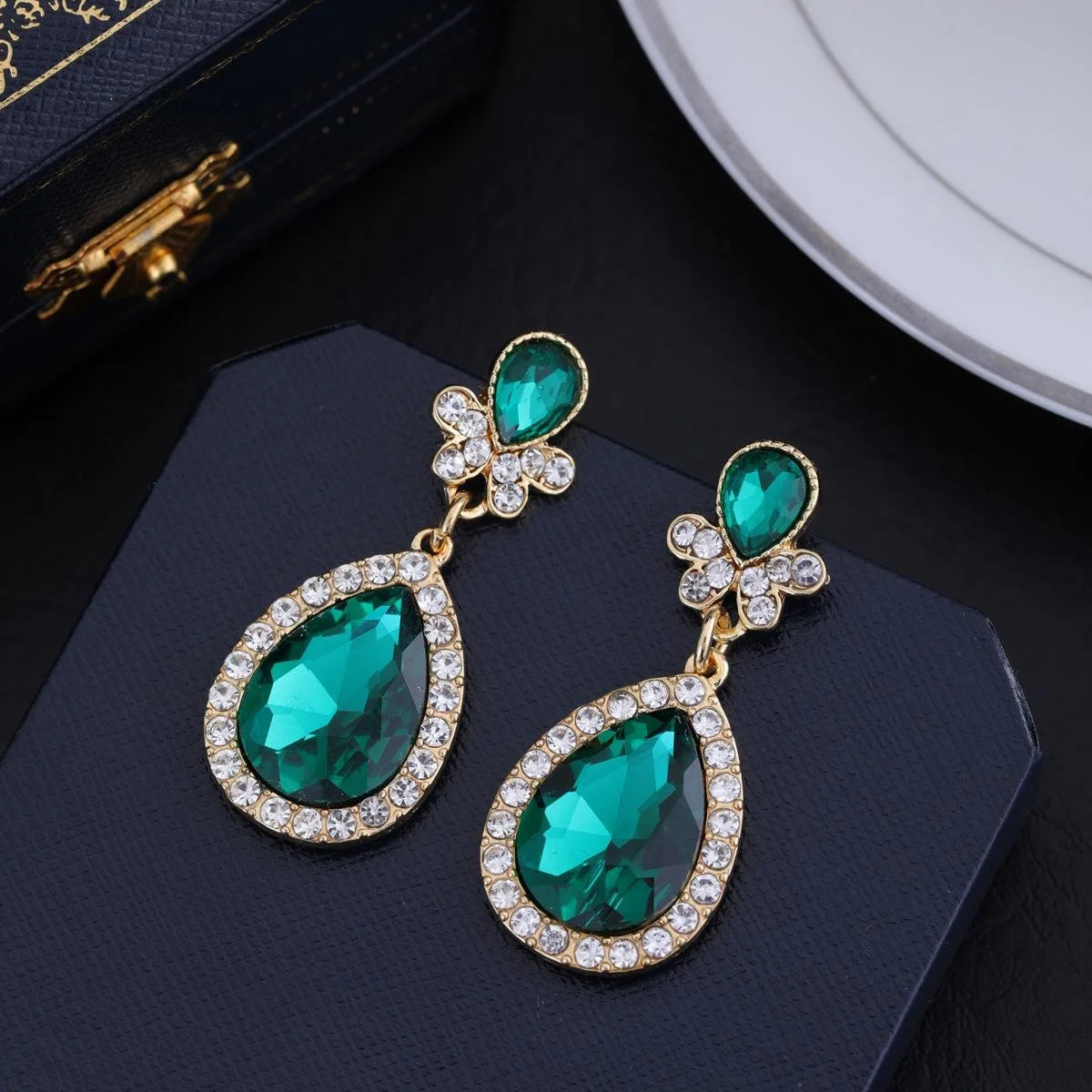 Luxury Emerald Green Crystal Rhinestone Teardrop Earrings For Women Wedding Banquet Party Gift
