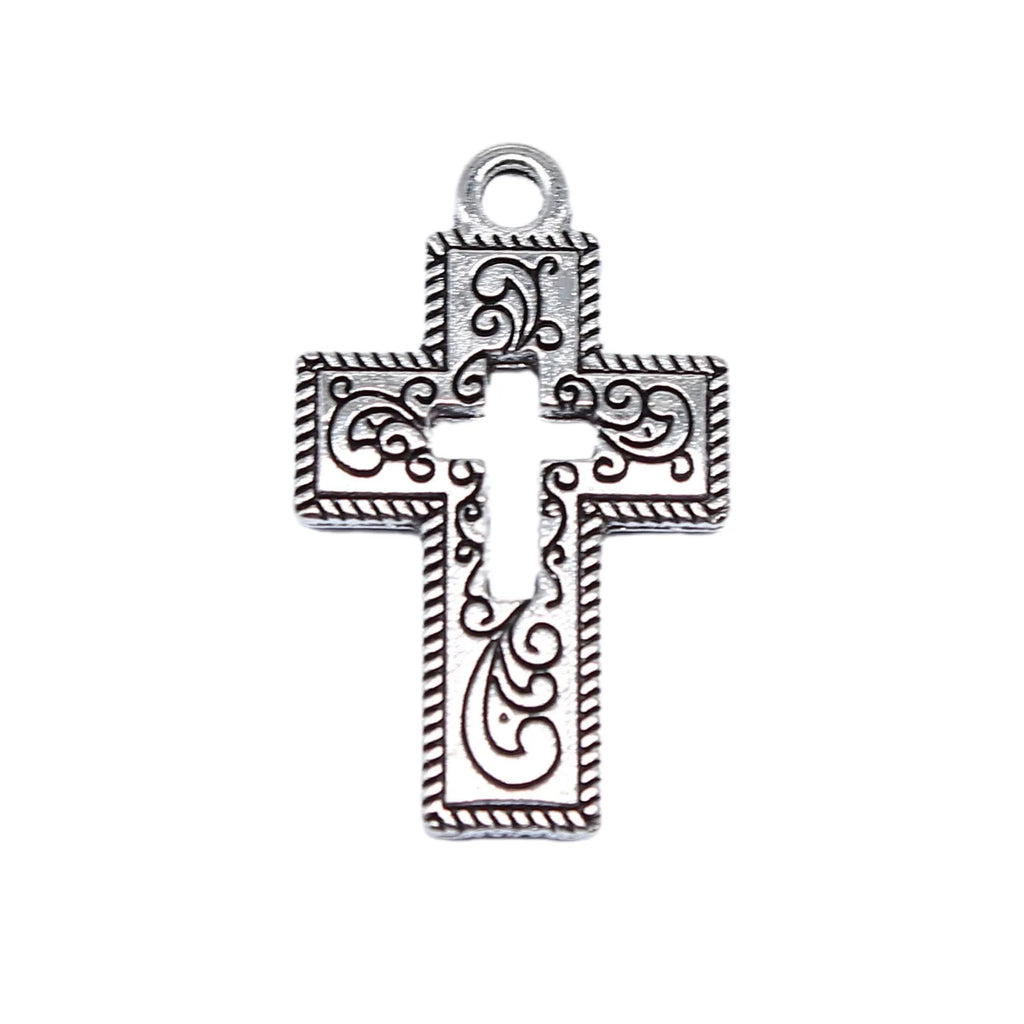 23x14mm 1.2g Antique Silver Tone Zinc Alloy Hollow Cross Charm Pendant for DIY Religious Jewelry Making