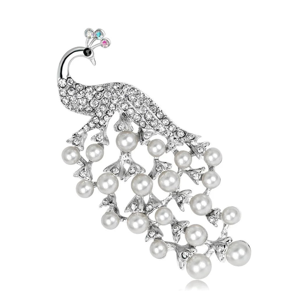 Elegant 18K Gold Plated Peacock Brooch With White Faux Pearls And Rhinestones, Luxury Lapel Pin Gift