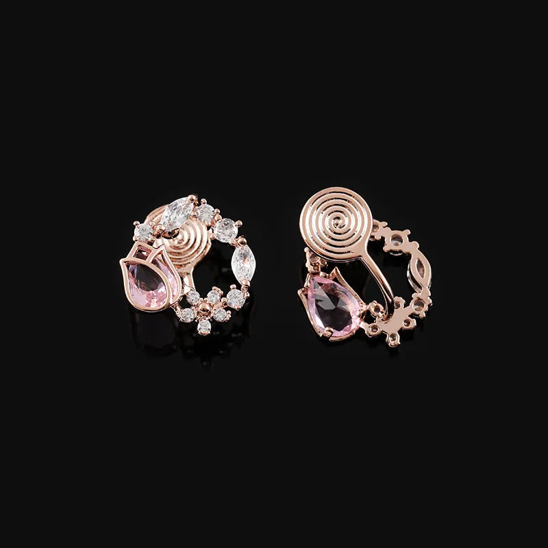 Elegant Pink Tulip Wreath Zircon Stud & Clip On No Piercing Rose Gold Floral Hoop Earrings