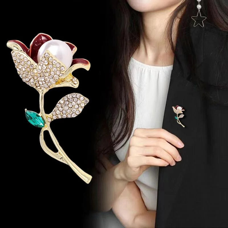 Elegant Tulip Flower Brooch With Pearl, Red Enamel And Rhinestone Petals, Luxury Lapel Pin Corsage Gift