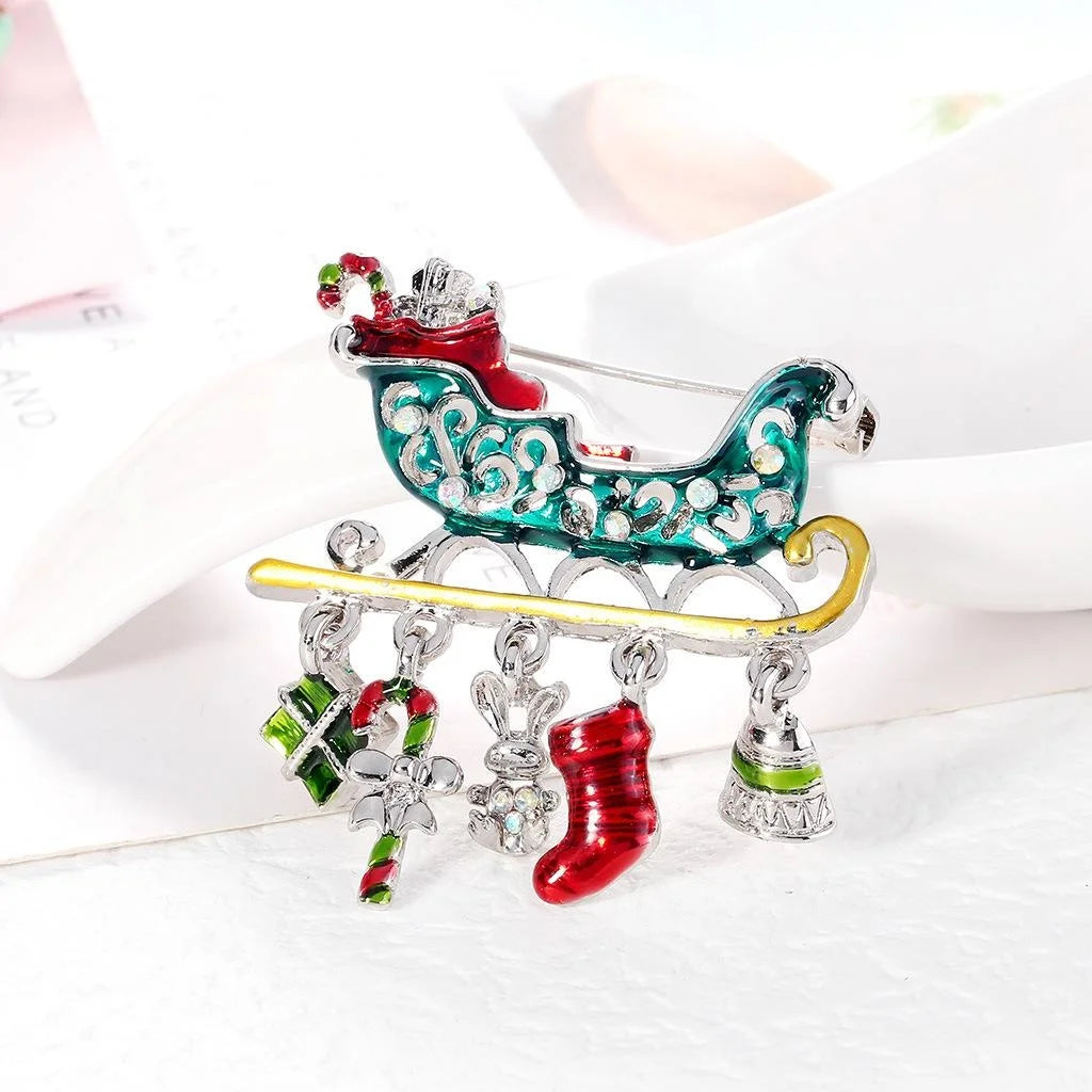 Cute Christmas Sleigh Alloy Rhinestone Enamel Brooch, Festive Holiday Lapel Pin Corsage Gift For Women