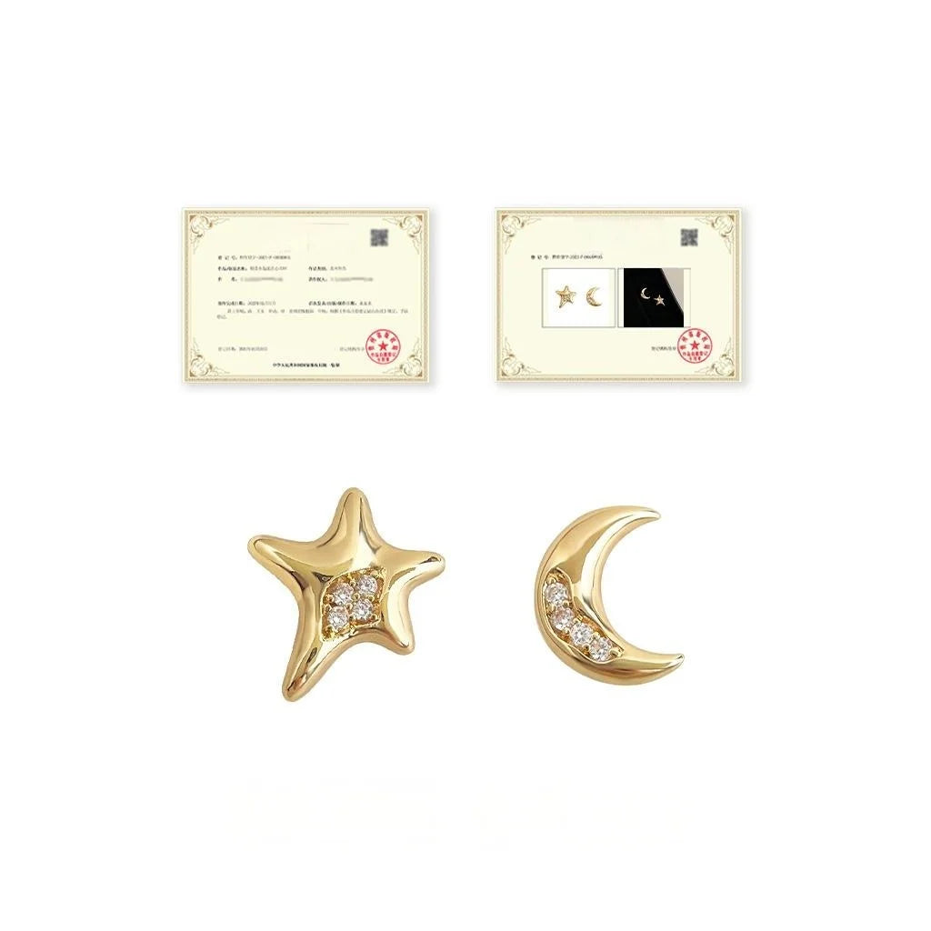 Original Asymmetric Star Moon Micro Pave Zircon Copper Stud Earrings For Women