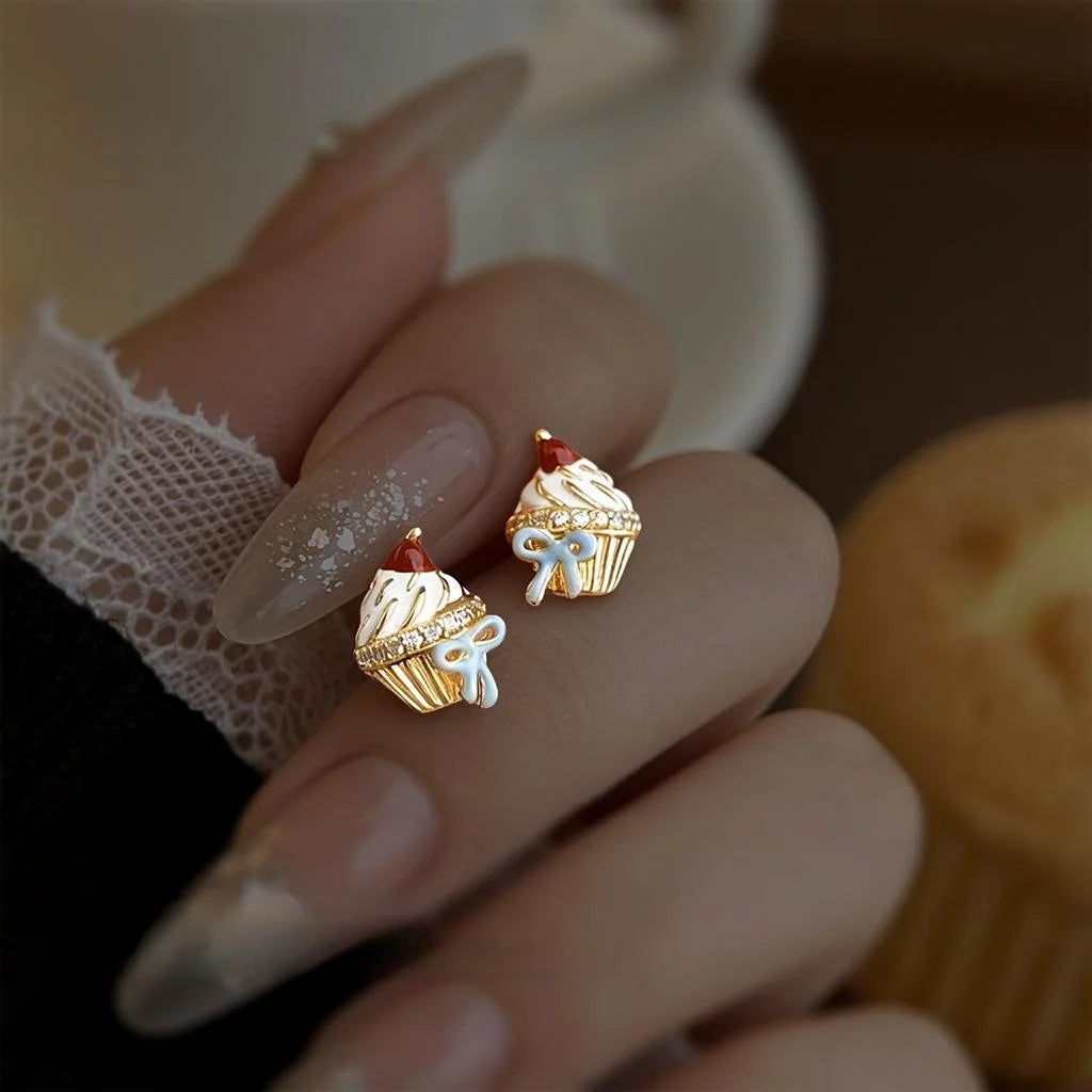 Cute Childlike Hand Painted Ice Cream Cake Copper Zircon Stud Earrings For Women