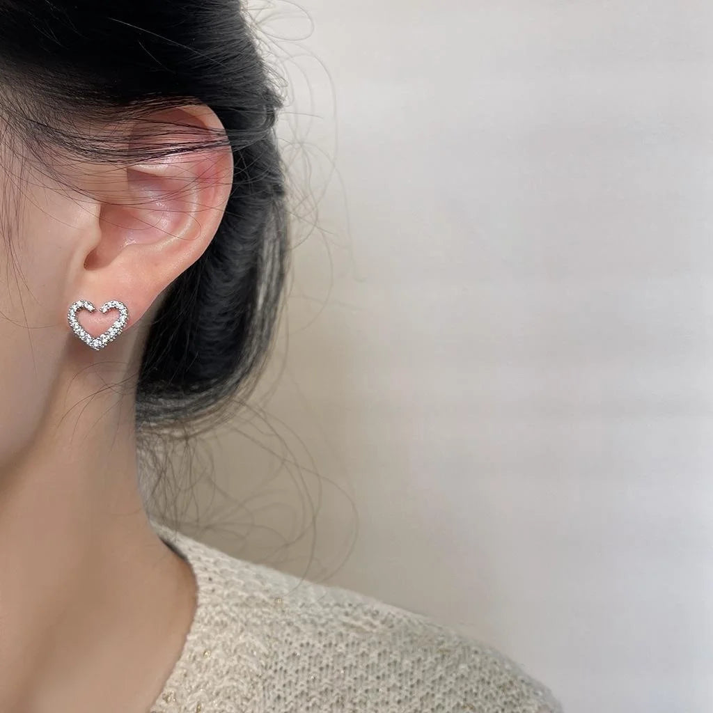 Elegant Copper Micro Pave Zircon Hollow Heart Stud Earrings Minimalist Line Design
